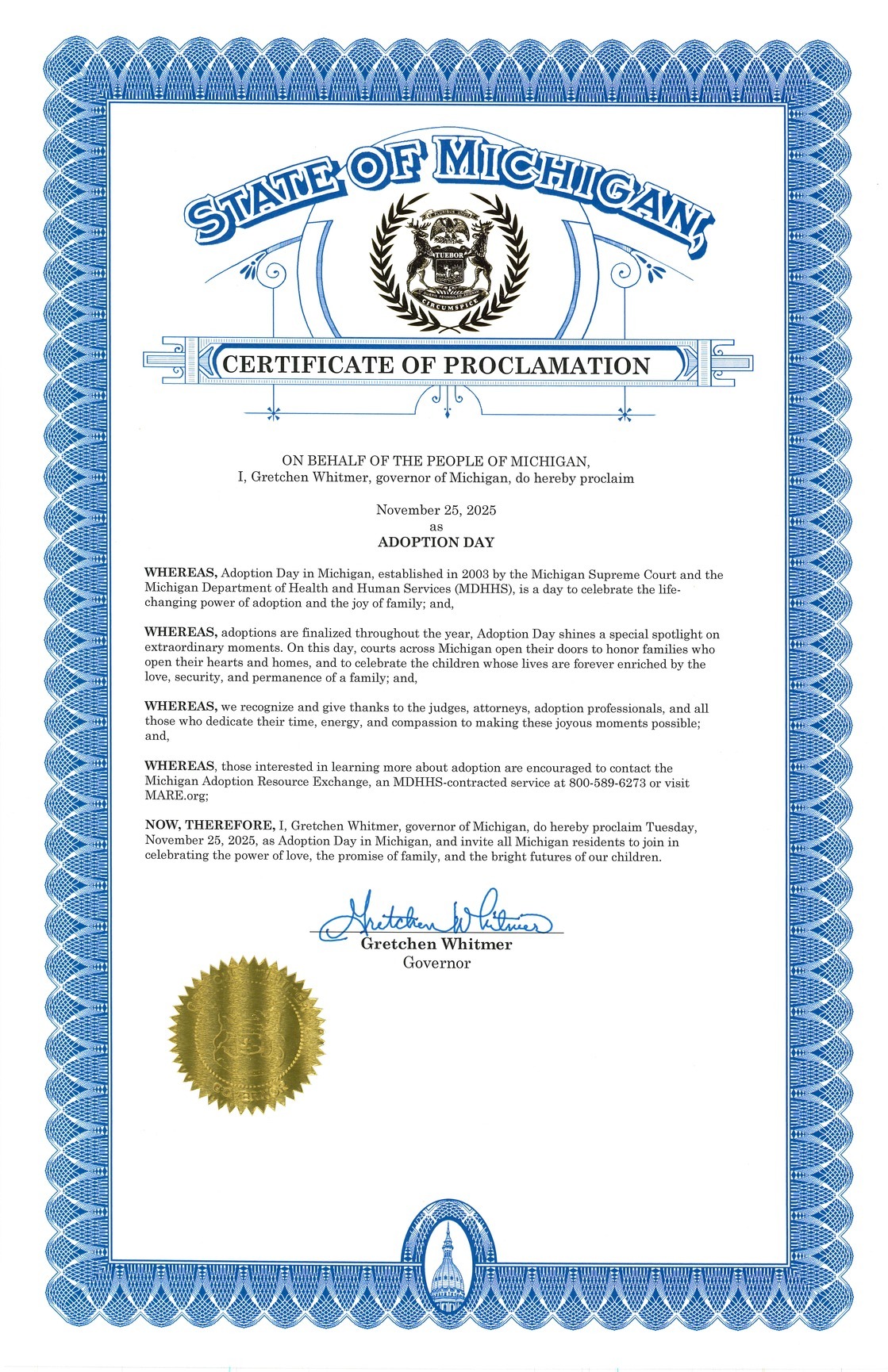 Michigan Adoption Month Proclamation 2025